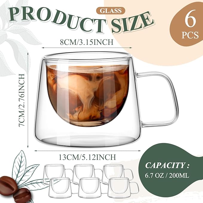 Rtteri 6.7 oz Double Wall Glass Coffee Mugs Set of 6 Espresso Mugs with Square Handle Glass Cappuccino Cups Tea Clear Coffee Insulated Cups Gift Set for Latte Tea Bag Beverage Cafe Kitchen