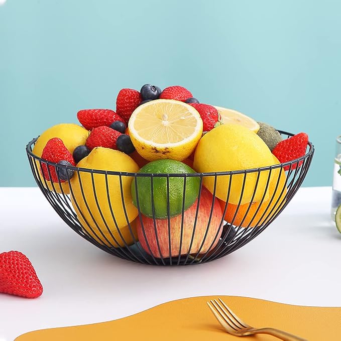HOMQUEN Fruit Basket, Fruit Bowl, Metal Wire Fruit Basket for kitchen, Fruit Bowl for Kitchen Counter, Basket for Fruits, Vegetables, Breads, Snacks, Kitchen Gadgets (Round Short, Black)