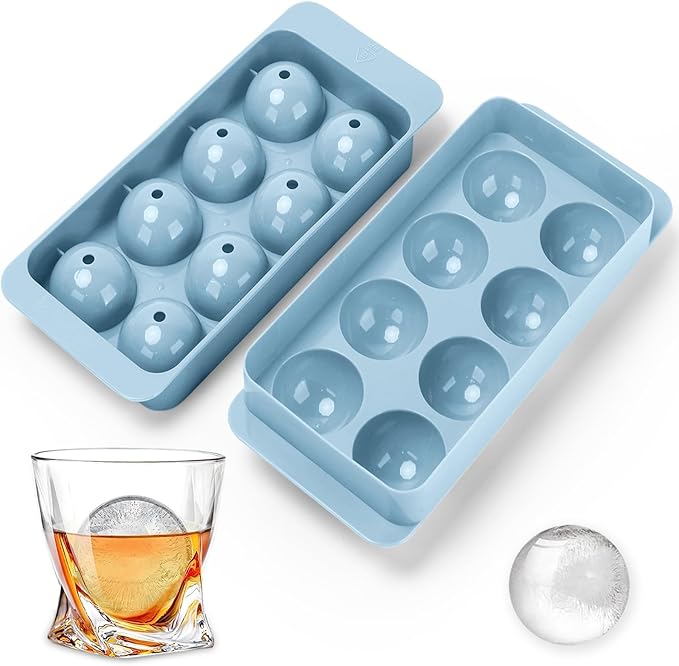 Round Ice Cube Mold,8 PCS x 1.8 in Whiskey Ice Cubes,Circle Ice Cube Tray with Lid,Large Ice Ball Maker Mold Sphere Ice Cube,Large Ice Cube Molds for Cocktails,Coffee(Round Ice Cube Mold,Blue)