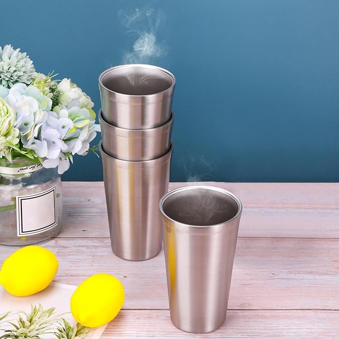 Zopeal Stainless Steel Cups 16 Oz, Double Wall Vacuum Pint Cup Tumbler, Stackable Metal Unbreakable Drinking Glasses for Home and Outdoor (Silver,4 Pcs)