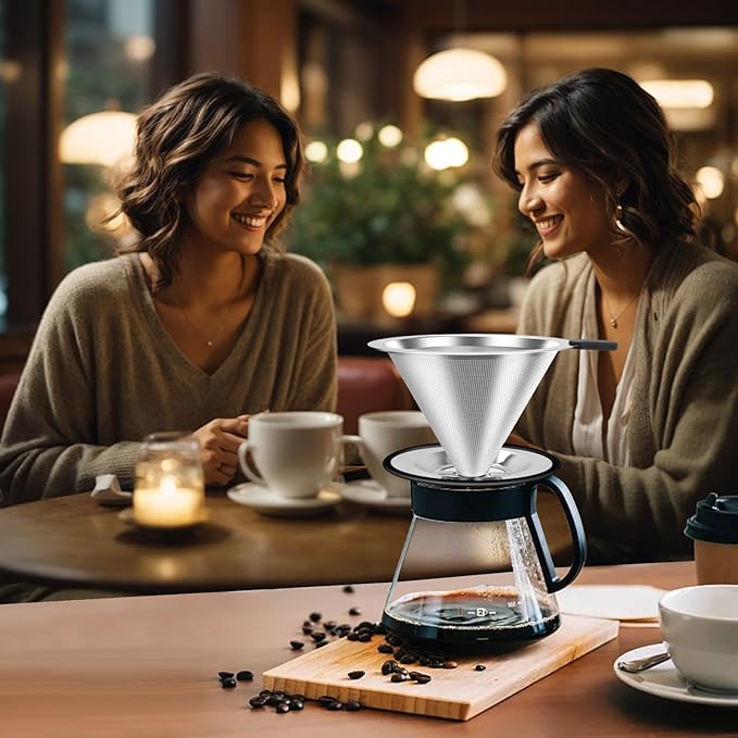 Pour Over Coffee Dripper, Stainless Steel Coffee Filter, Paperless Reusable Coffee Filter, Double Micromesh 600 Mesh Strainer Coffee Maker with Heat-Resistant Silicone Handle & Base