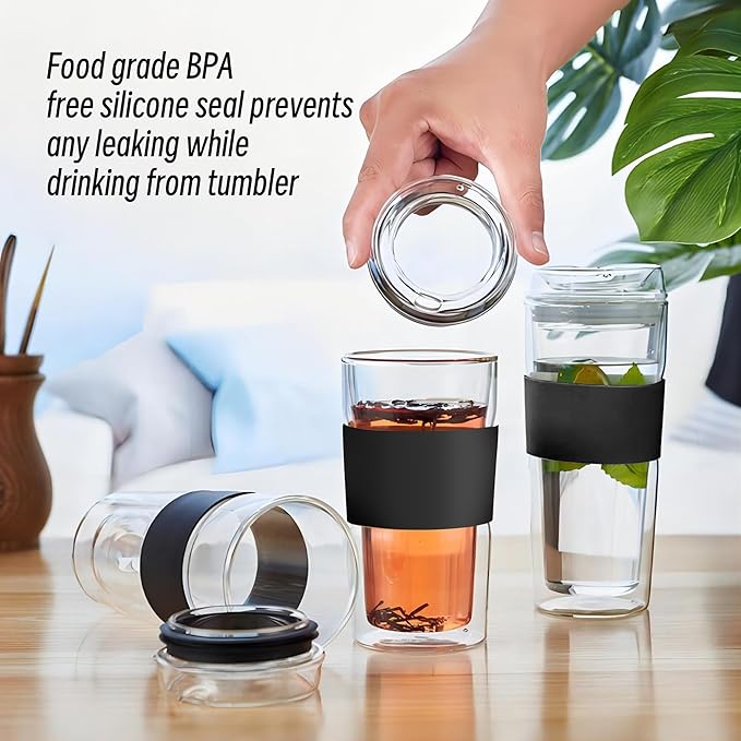 Double Wall Glass Tumbler 10 ounce All Glass Reusable Insulated Tea/Coffee Mug & Lid, Hand Blown Glass Travel Mug (10 ounce) No Leaks, Silicone Grip for Easy Carry, Natural Taste