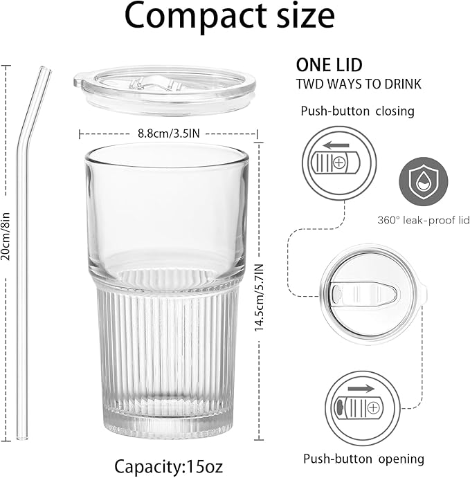 Luiaiog 18.5oz Glass Cups with Lids and Straws – Single Reusable Tumbler, Thickened Shatter-Resistant Glass, Ideal for Iced Coffee, Smoothies, Cocktails, Juices – Elegant & Durable Drinkware