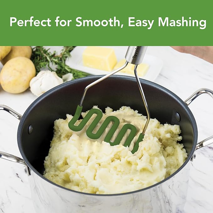 Tovolo Silicone Potato Masher Stainless Steel Handle Pesto Green Dishwasher Safe Heat Resistant Non Scratch Handheld Coil Wire Potato Smasher for Nonstick Pans Ergonomic Kitchen Food Prep Tool