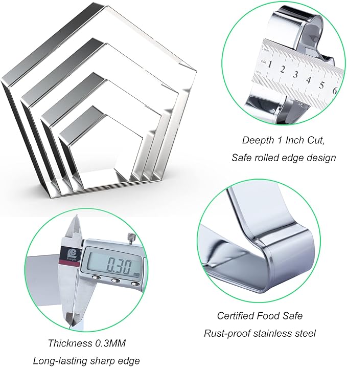 Pentagon Cookie Cutter Set Large - 5 Inch, 4 Inch, 3 Inch, 2 Inch - Geometric Polygon Frame Plaque Cookie Cutters Shapes Molds - Stainless Steel