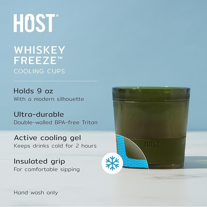 Host Whiskey Freeze Glasses, Double Old Fashioned Glasses, Chill Without Dilution for Bourbon, Vodka, Cold Brew Cocktails, Bourbon Gifts for Men, Home Bar, 9 oz, Set of 2, Olive Green