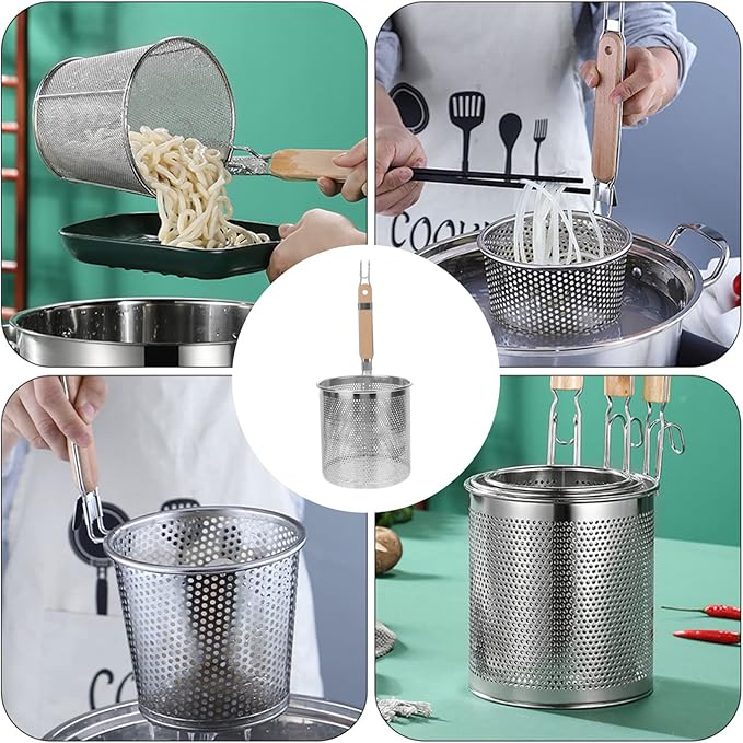 STOBAZA Noodles Strainer Colander Fry Basket Ramen Pasta Basket Stainless Steel Mesh Spider Strainer with Wooden Handle, Fine Mesh Skimmer for Rinsing Straining Boiling Frying