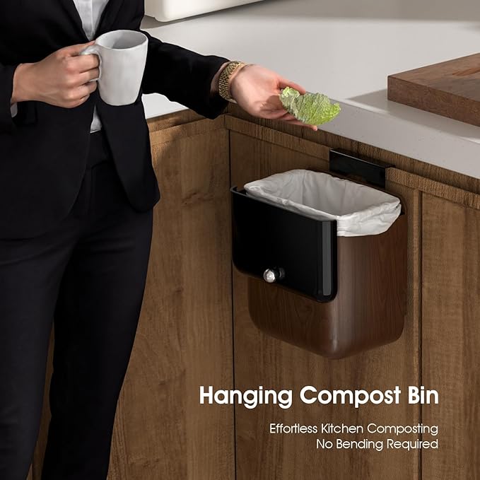 Large 3.2 Gallon Compost Bin, Under Sink Trash Can with Lid, Hanging Waste Cabinet for Office Kitchen Cupboard Bathroom Bedroom, Walnut Color