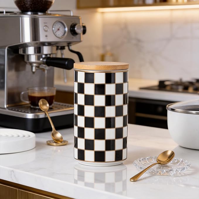 Kitchen Countertop Ceramic Checkered Canisters,Black And White Food Storage Containers With Lid,Airtight Kitchen Canisters for Flour, Sugar, Coffee, Tea, and Dry Goods (Black, Large)