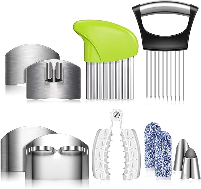 11 Pieces Finger Guard Set for Cutting Include 4 Stainless Steel Knife Cutting Protector 2 Thumb Guard Protector 2 Finger Cots Potato Butter Lettuce Crinkle Cutter Onion Holder Slicer Mandoline Slicer