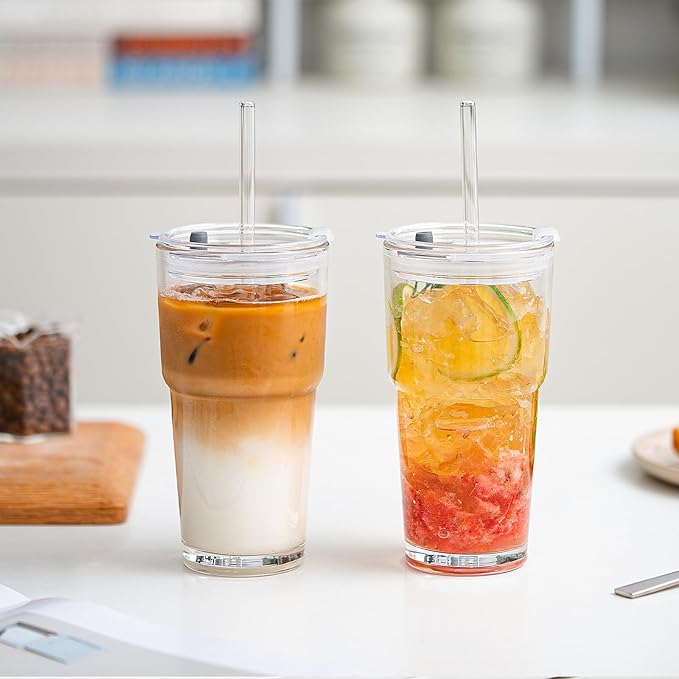 SoulTimes 20oz Glass Tumbler with Lid and Glass Straw –Set of 4, Clear Reusable Iced Coffee Cup, Drinking Glass for Coffee, Tea, Juice, Smoothies – Durable & Elegant Glassware