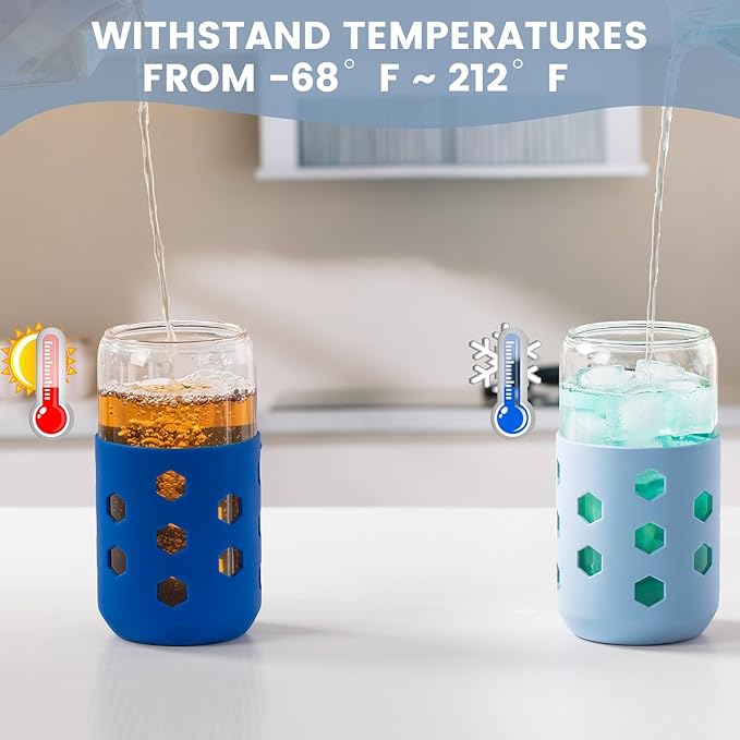 Mrsdry Glass Cups with Lids and Straws (4 Pack), 16oz Drinking Glasses Set with Silicone Sleeves for Coffee Bar Accessories Iced Coffee Cups with Lids, Glass Tumbler Reusable for Gifts