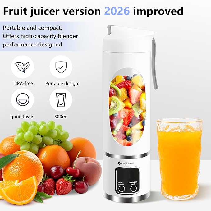 EASYSPEED Portable Blender Electric USB-C, 500ML Personal Juicer for Shakes and Smoothies, 12 Blades, 1500mAh Rechargeable, BPA Free, 18oz Small Blender with Leakproof Lid & Sip Spout, Mixing, Compact