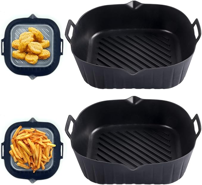 2 Pack Air Fryer Liners,8.5 Inch Silicone Airfryer Liners,Air Fryer Accessories,Reusable Baking Tray Oven Accessories,Replacement of Flammable Parchment Paper (Red Blue) (Black 2 pcs)