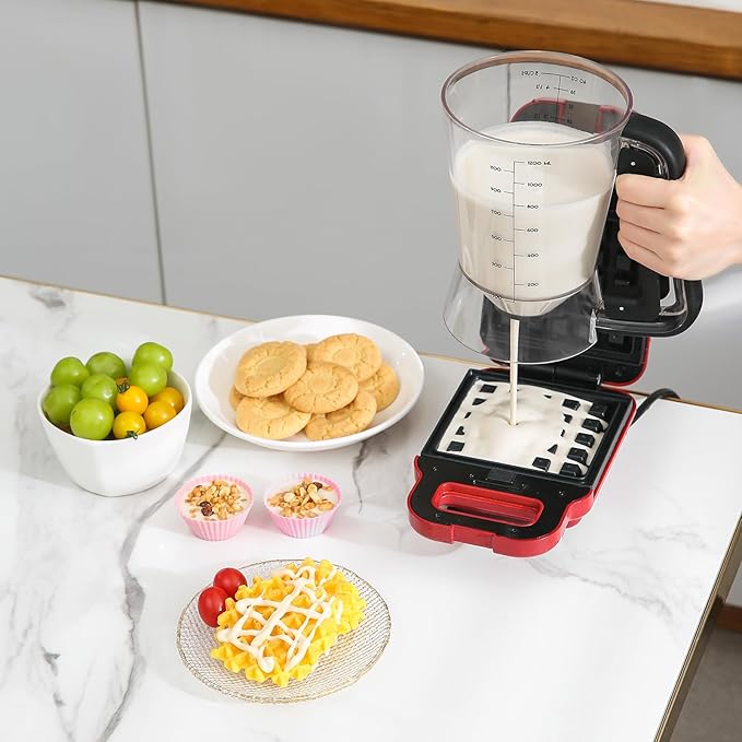Pancake Batter Dispenser 5-Cup Batter Pourer for Maker Pancakes, Waffles, Crepes, Muffins, Cupcakes, Easy Squeeze Grip Handle with Proof Nozzle, Precise Baking Tools (Black)