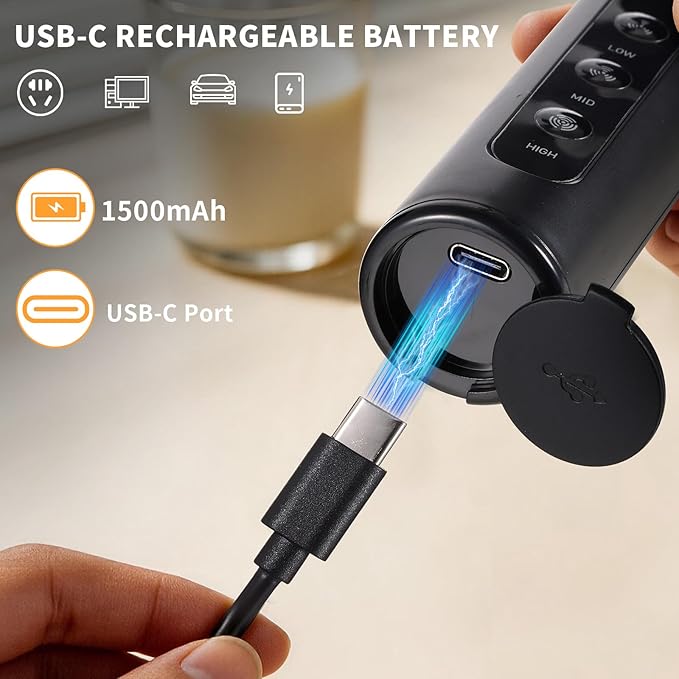 Rechargeable Handheld Milk Frother with Stand, 3 Speeds 3 Detachable Stainless Steel Whisks Electric Drink Mixer, Coffee Mixer for Lattes Cappuccino Matcha Eggs, Kitchen Gifts