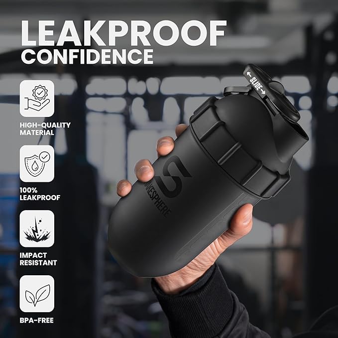 SHAKESPHERE Shaker Bottle - 24oz Leak Proof Protein Shaker Bottle for Pre Workout, Smoothie, and Powder Drink Mixes, No-Blade Mixer for Gym, BPA-Free, Easy Clean & Easy to Carry (Matte Black)