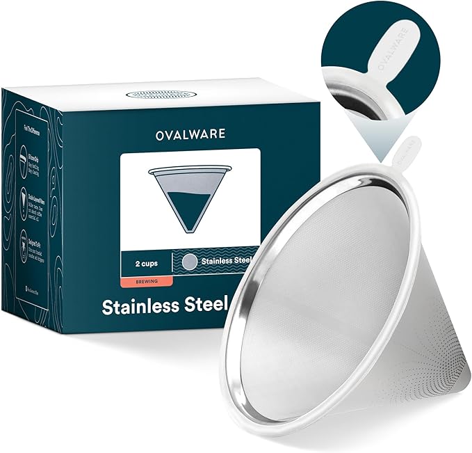OVALWARE UPGRADED Paperless Stainless Steel Pour Over Coffee Filter – Reusable Permanent Coffee Cone Dripper with Silicone Safety Tab for Easy Removal, Fits Ovalware, Chemex, Hario & Other Carafes