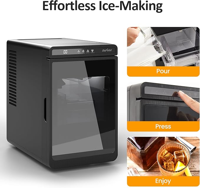 Crystal Clear Ice Maker, Compact Countertop Ice Machine, 3 x 1.6 Ice Cubes in10-Mins, Self-Cleaning, LED Light & Timer, Portable Electric Ice Maker for Kitchen, Bar, RV, Black