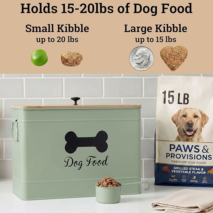 Dog Food Container Airtight 15 lb (50 Cup) Capacity with Metal Scoop - Cute Airtight Dog Food Storage Container with Bamboo Lid - Green Metal Kibble Storage Bin for Dogs up to 100 lbs - Big Pet Jar