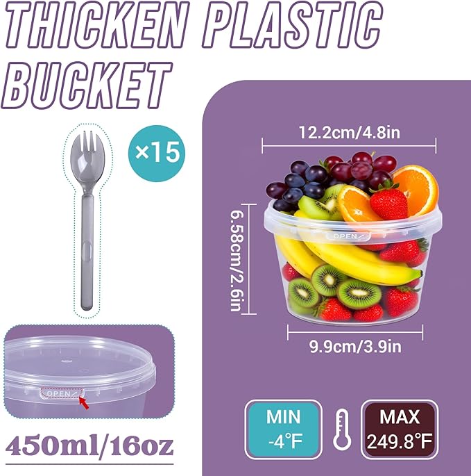 ASEVAT 15 oz 15 Pack Plastic Drink Buckets with Lids, Clear Plastic Cup with Lid, Ice Buckets for Parties, Reusable Food Grade Containers with Lids, Deli Container for Sauce, Soup
