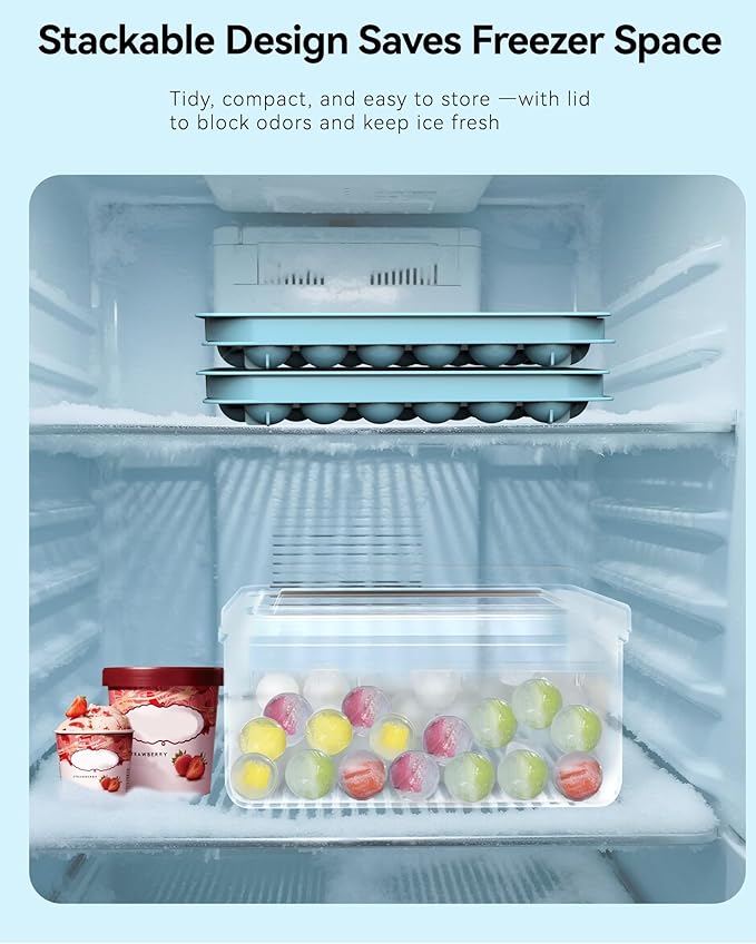 Ice Cube Trays with Lid and Bin, BPA-Free Mini 0.75 Inch Sphere Ice Molds, 2-Pack Small Round Ice Ball Trays, Easy Release, Includes Scoop & Ice Storage Box for Cocktails, Coffee