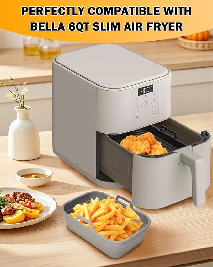 Air Fryer Silicone Liners Collapsible 2-Pack for bella 6Qt(5lb) Slim Air Fryer, Reusable Airfryer Silicone Pot Baking Basket Insert Accessories, Non Stick, Easy Cleaning, Gray+Black