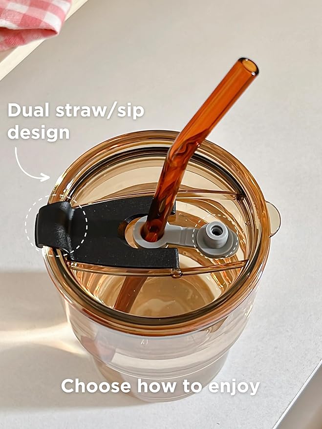 Olvini 13oz Glass Tumbler with Straw and Lid, Reusable Iced Coffee Cup Tumbler, Cute Glass Cups for Water, Matcha, Travel Coffee Mugs (Amber - 13oz)