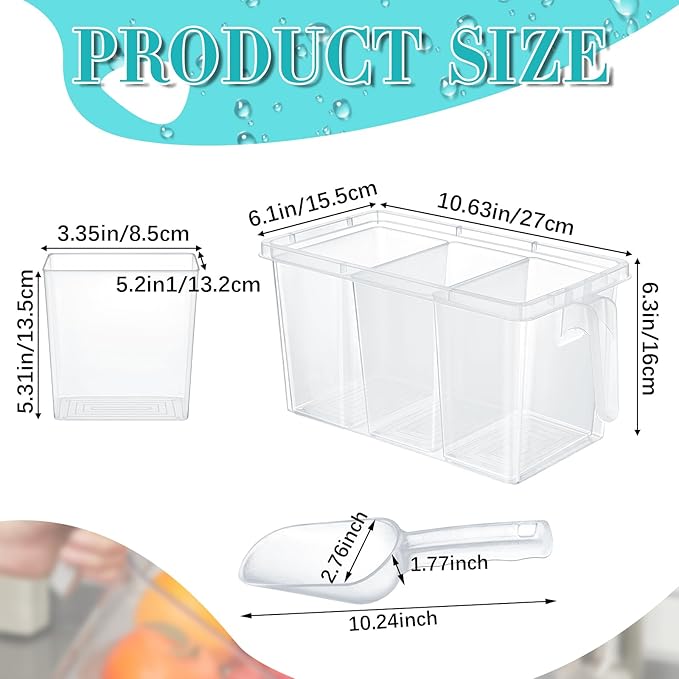 Havawish 3 Divided Ice Bin for Freezer Bucket Ice Container for Freezer with Lid and Scoop Set Ices Storage Container Plastic Clear Pull out Handle Organizer Cubes Cabinet, 10.83 x 5.91 x 6.1 Inches