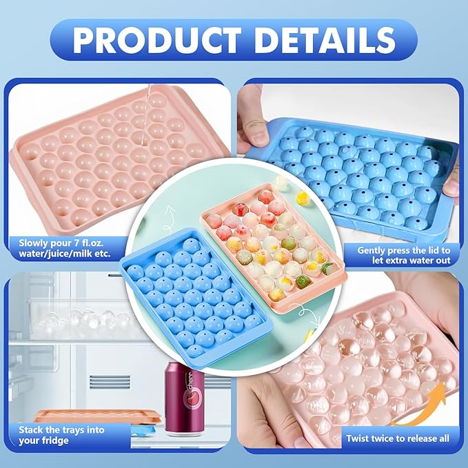 2 Pack Ice Cube Tray with Lid and Bin,Round Ice Cube Trays for Freezer, BPA-Free Circle Mini Ice Maker for Whiskey Cocktail Soda,Home & Bar Use