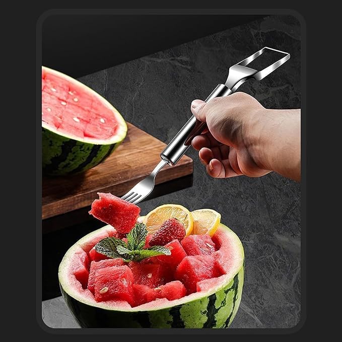 2-in-1 Watermelon Slicer & Fork, Watermelon Fork Slicer Cutter, Stainless Steel Fruit Cutter Tool for Watermelon, Mango, Pitaya,Portable for Camping, Picnics, Home, Parties (Sliver)