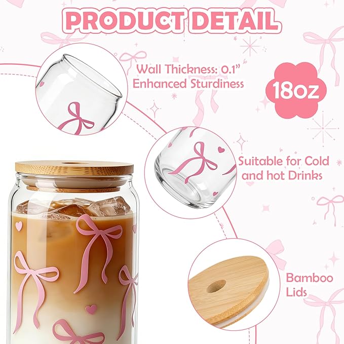 Mason Life Bow Glass Cup 18 OZ with Designs, Pink Bow Cup for Preppy Stuff, Cute Tumbler with Straw Cover & Keychain for Women Teen Girls Iced Coffee, Matcha and Smoothies