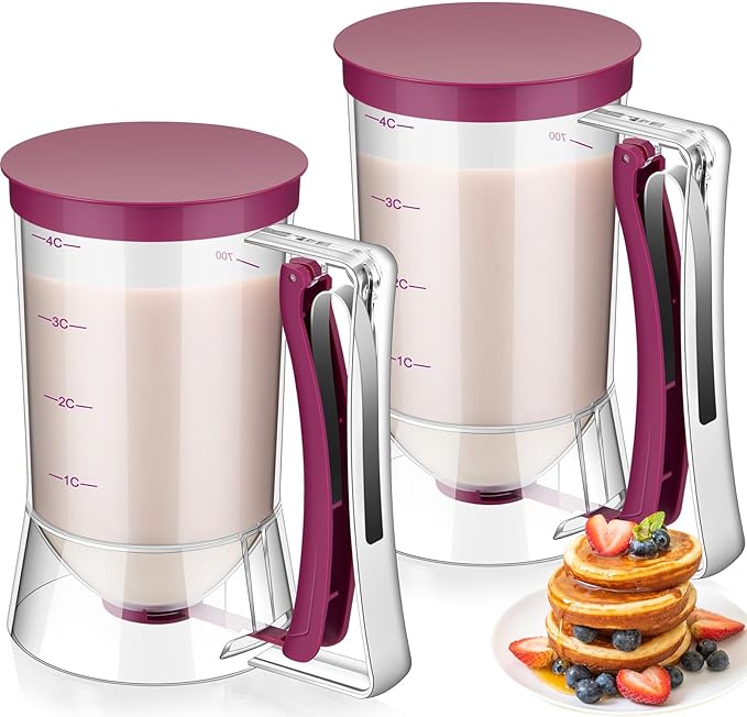 FillTouch 2 Pcs Cupcake Batter Dispenser Pancake Mix Dispenser 4 Cups with Squeeze Handle Tools for Pancake, Cupcake, Cookie, Cake, Waffles, Ice Cream Baking Gifts for Kitchen Housewarming (Purple)