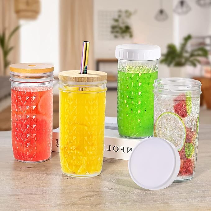 2 Pcs Glass Cups Set - 24oz Mason Jar Drinking Glasses with Bamboo Lids & Straws & 2 Airtight Lids, Cute Reusable Smoothie cup, Iced Coffee Glasses, Travel Tumbler for Bubble Tea, Juice, Gift