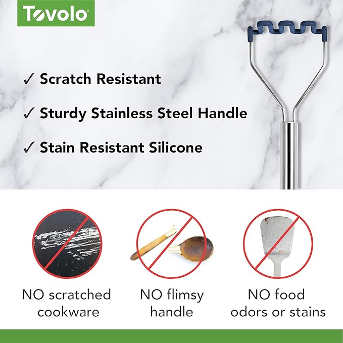 Tovolo Silicone Potato Masher Stainless Steel Handle Deep Indigo Dishwasher Safe Heat Resistant Non Scratch Handheld Coil Wire Potato Smasher for Nonstick Pans Ergonomic Kitchen Food Prep Tool