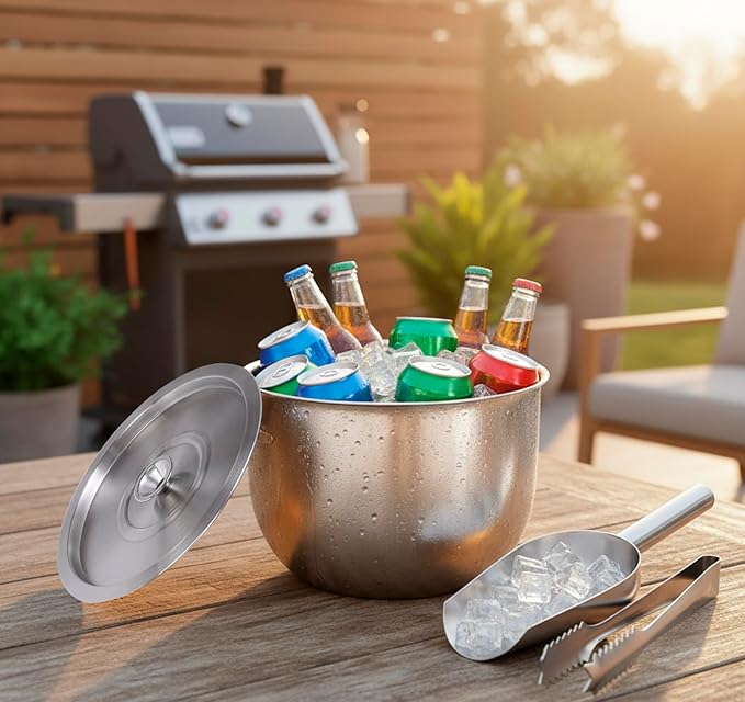 Ice Bucket with Lid, Scoop and Tongs, Champagne Buckets, Wine Chillers, Beverage Tub with Handles, Ideal for Parties, Bar, Pool, Beach and Home, Indoor＆Outdoor Use, Large Capacity, Silver