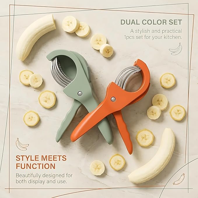 2PCS Banana Slicer,Strawberry Slicer,Grape Cutter,Multi-Functional Fruit Slicer,Cucumber Slicer,All-In-One Kitchen Gadget For Fruits& Vegetables Banana Sausages,Cucumbers,Strawberries,Grape(GREEN+RED)