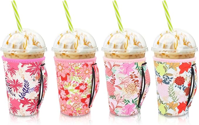 4Pack Reusable Iced Coffee Sleeve Insulator Sleeves for Cold Drinks Beverages, Neoprene Cup Holder for Most Coffee, Fits 22-24oz Medium Cups (Blooming Bright)