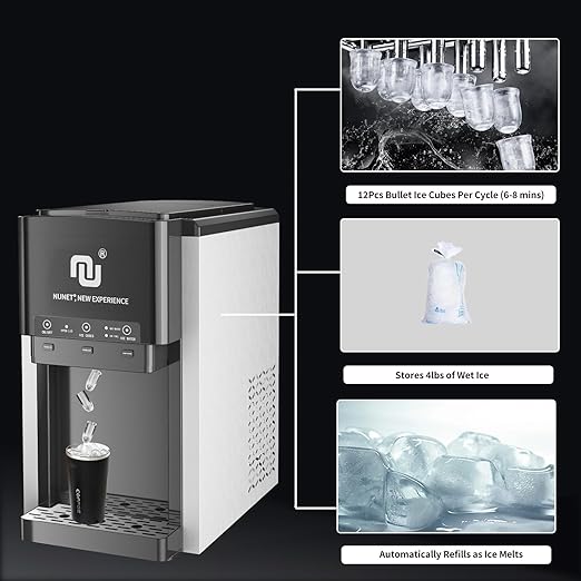 NUNET 3-in-1 Water Bottle Bottom-Loading Ice Dispenser Water Cooler Crusher, Built-in 6L Water Tank, Produces 44lbs Bullet Ice/Shaved Ice Daily, 4 lbs Ice Storage (NOT for Water Line)