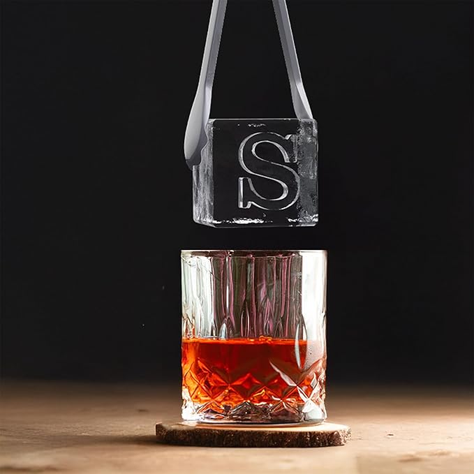 Letter S Monogram Clear Ice Cube Maker, 2" Big Ice Cubes Mold for Whisky and Cocktails, Large Initials Silicone Ice Cube Tray Personalized Gifts for DAD Gifts for Men (Letter S)