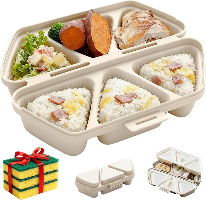 Onigiri Mold,6 in 1 Triangle Sushi Making Kit,Portable Rice Ball Mold Once Quickly Making 6 Pcs Onigiris,Multifunctional Sushi Kit for Home Kitchen Meal Prep（Beige）