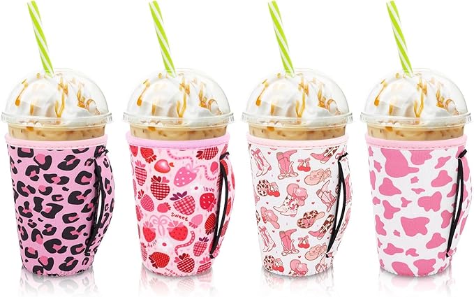 4Pack Reusable Iced Coffee Sleeve Insulator Sleeves for Cold Drinks Beverages, Neoprene Cup Holder for Most Coffee, Fits 22-24oz Medium Cups (Pink Coquette)