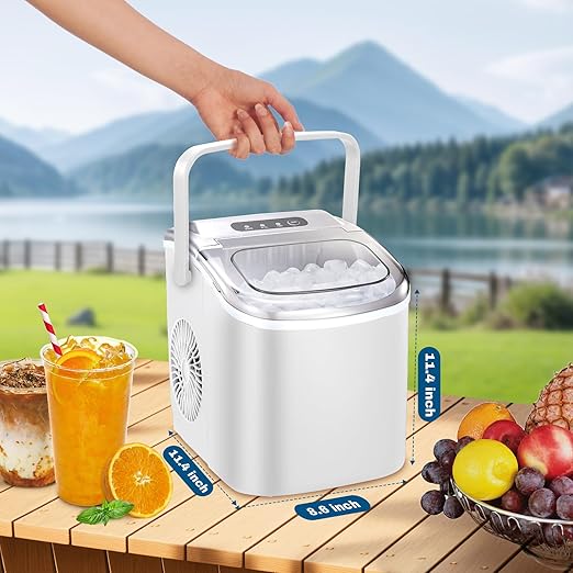 Ice Makers Countertop, Portable Ice Maker Machine with Carry Handle, 26Lbs/24H, Ice Machine Self-Cleaning with Basket and Scoop for Home Kitchen Party,White