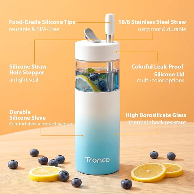 Tronco 24 oz Glass Tumbler with Lid & Straw, Reusable Iced Coffee Cup for Boba Tea, Smoothies, BPA-Free, Leak-Proof Borosilicate Glass Drinking Cup with Silicone Lid for Home, Office, Travel & Gifts