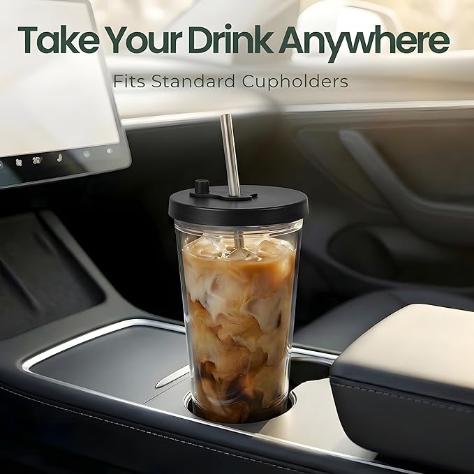 Kensal Home Reusable Iced Coffee Cup (24 Oz/Venti), Leak Proof and Double Wall Insulated Iced Coffee Tumbler, Come with Reusable Plastic and Metal Straws and Straw Cleaner - Black
