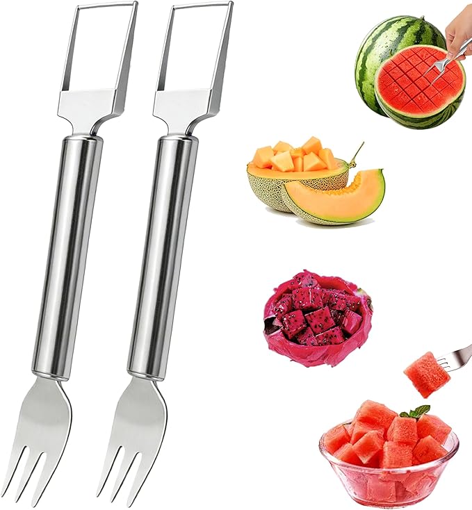 2-in-1 Stainless Steel Fruit Cutter, 2026 New Upgrade Dual Head Watermelon Fork Slicer Cutter Tool, Summer Watermelon Fruit Cutting Home Kitchen Gadgets (2PCS)