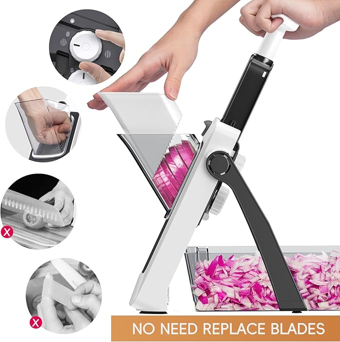 [7 in 1 ] Vegetable Slicer for Kitchen, Safe Mandoline Slicer, Adjustable Veggie Potato French Fry Cutter, Wider Tray & Stainless Steel Grater & Filter Basket & Lid & Cleaning Brush (Gray Pro)