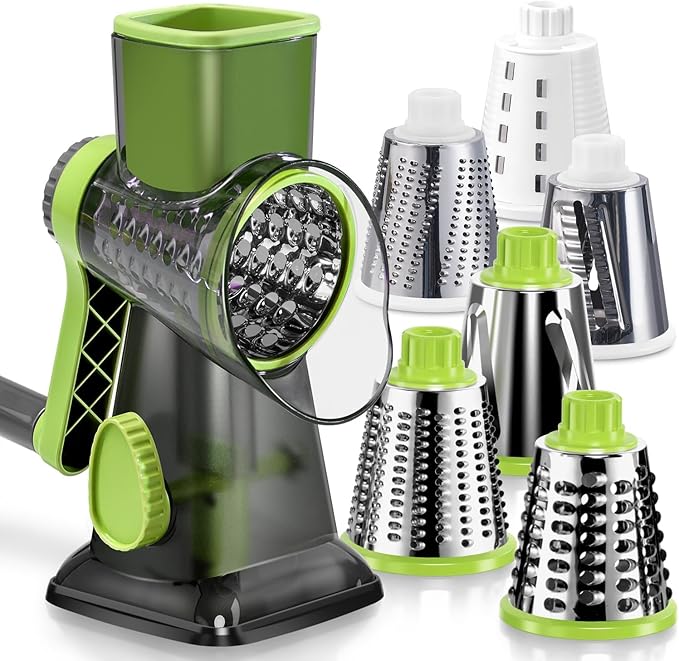 KEOUKE Rotary Cheese Grater Pro 6 in 1 - Shredder Crinkle Slicer Grinder Ice Shaver, Stable Suction, Time-saving Easy Use & Clean, Safe Morden Kitchen Tool for Cheese, Vegetable, Nuts, Chocolate