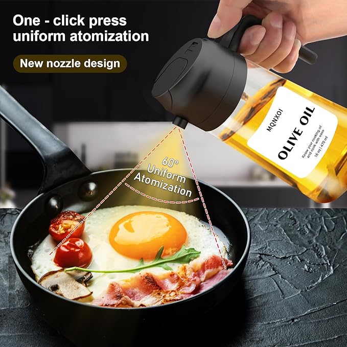 mqnxoi 2 in 1 Glass Oil Sprayer & Dispenser,16oz/470ml Olive Cooking, Air Fryer, and Salad, for Kitchen Gadgets and Air Fryer Accessories, w/Stickers (Black + White Bottle 2)