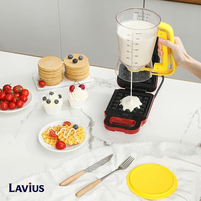 Pancake Batter Dispenser 5-Cup Batter Pourer for Maker Pancakes, Waffles, Crepes, Muffins, Cupcakes, Easy Squeeze Grip Handle with Proof Nozzle, Precise Baking Tools（Yellow）